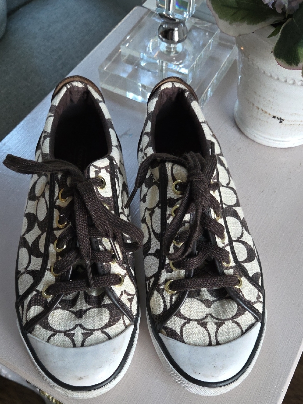 Coach Brown & Ivory Barrett Canvas Signature Sneakers Size 7.5 B - Picture 4 of 15